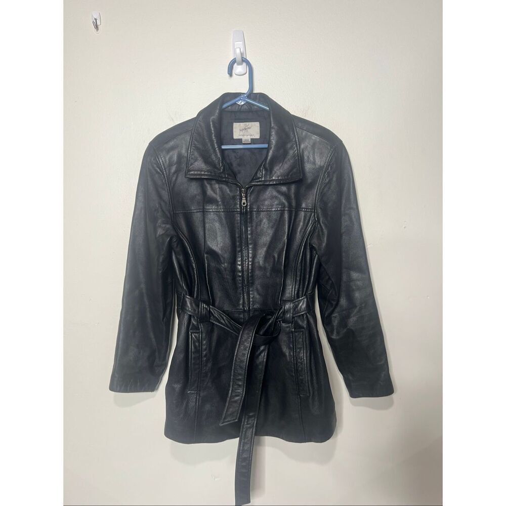 Jacqueline Ferrar Genuine Lambskin Belted Leather Black Jacket Sz Medium